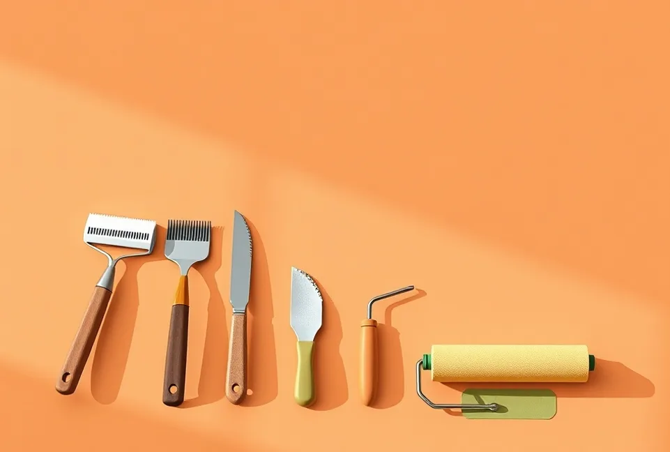 Outils de peinture disposés dans l'ordre des étapes du chantier