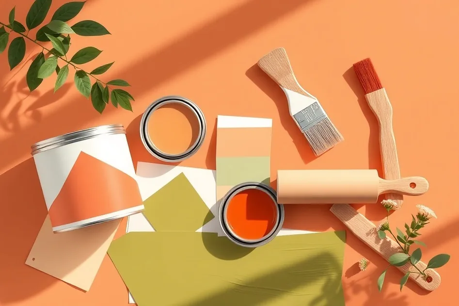 Pots de peinture, nuancier, brosses et rouleaux disposés à plat