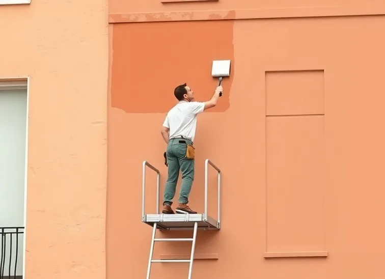Peintre sur échafaudage traitant la façade d'une maison