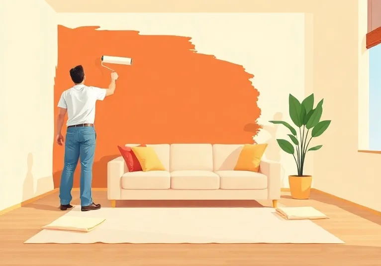 Peintre appliquant la peinture au rouleau sur un mur de salon